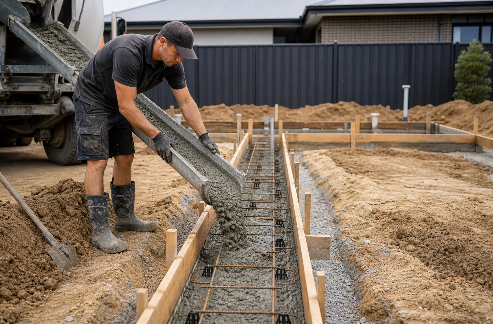 Concrete footing and foundation preparation on a residential site