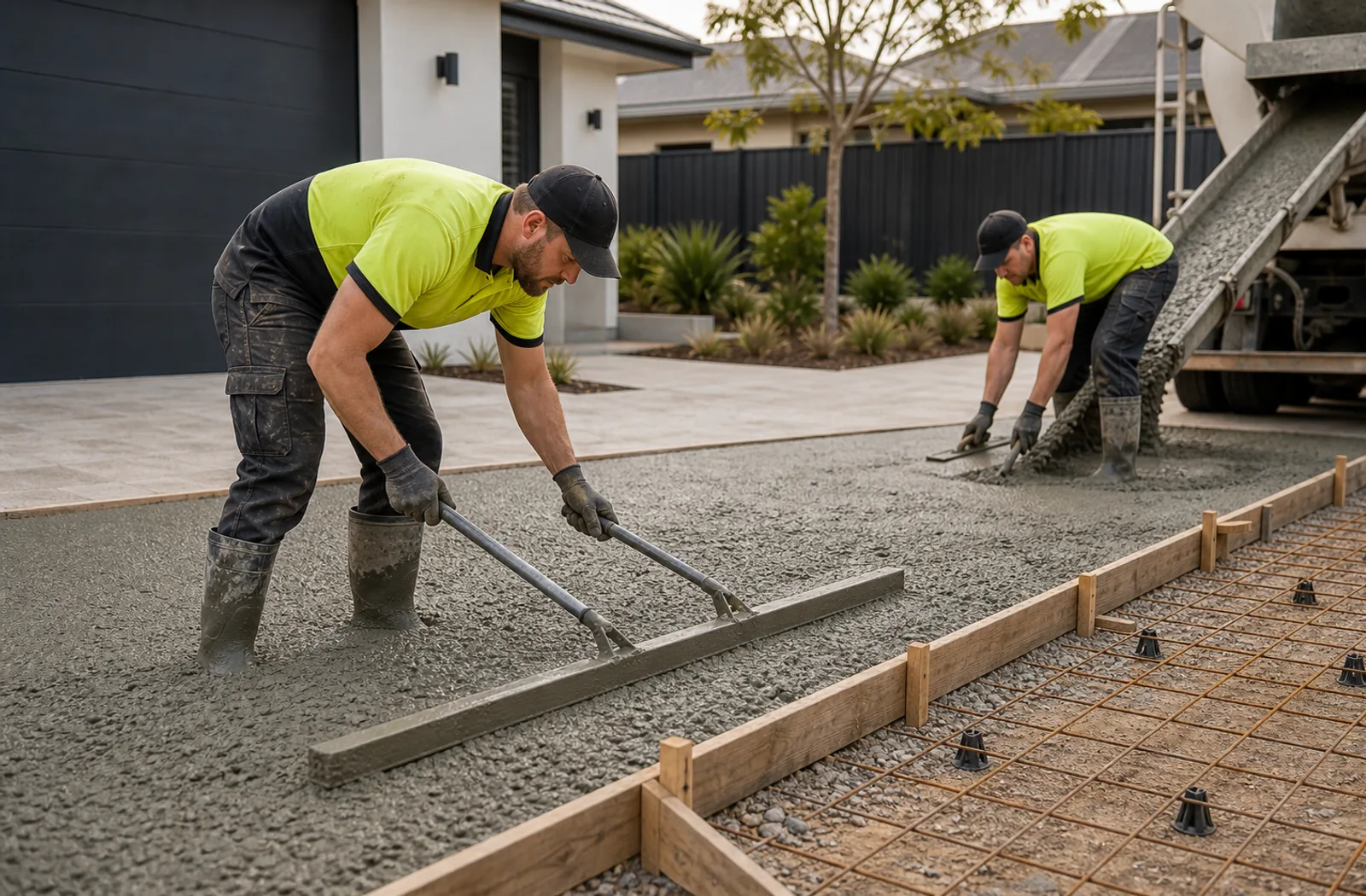Worker pouring and levelling fresh concrete on a driveway slab