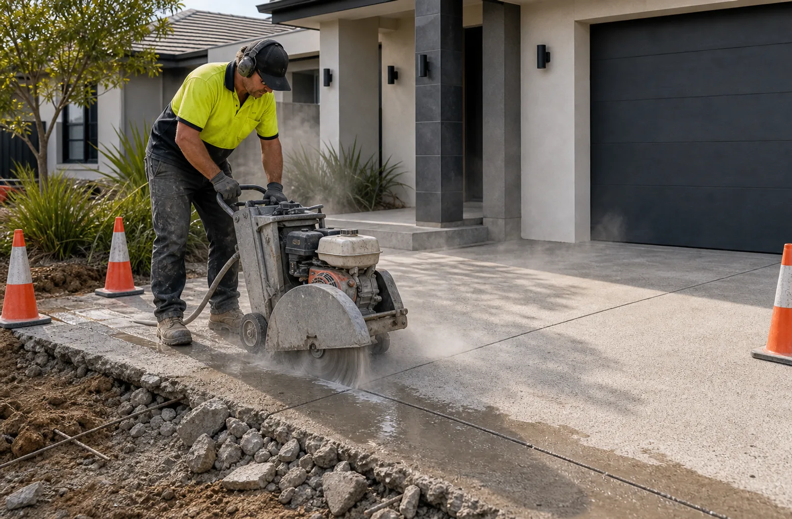 Worker saw cutting concrete before driveway removal