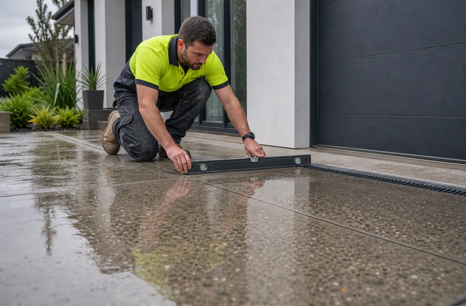 Contractor checking pooling water on a concrete driveway