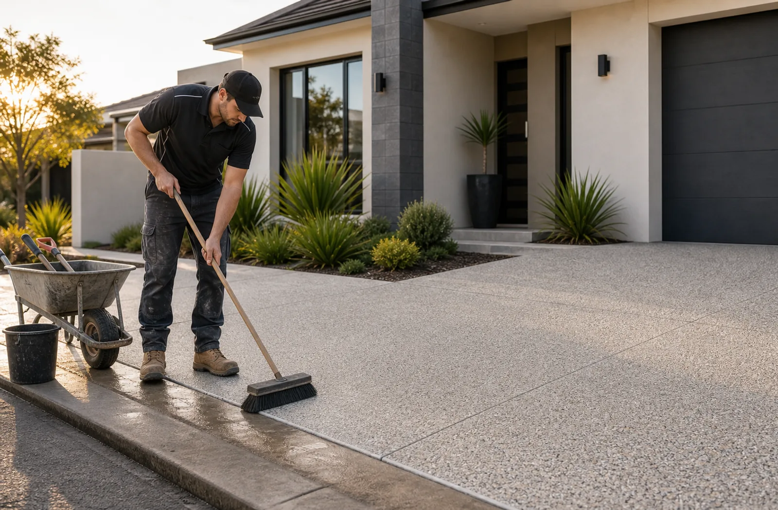 Worker cleaning a completed concrete driveway after project handover
