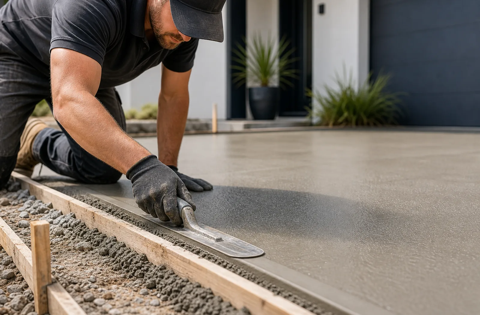 Concrete worker hand finishing a driveway edge with careful detail