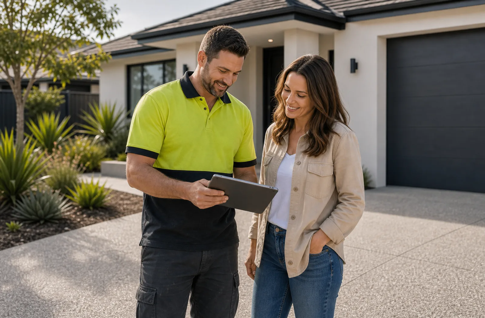 Concrete contractor discussing driveway plans with a Perth homeowner